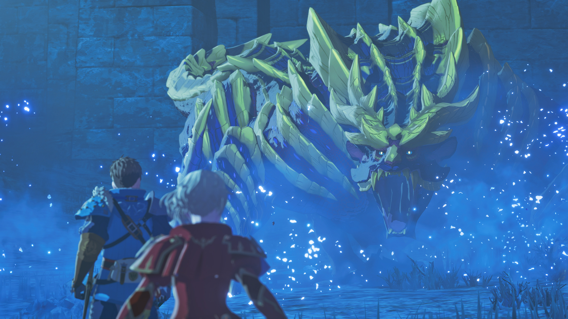 A hulking monsters looms towards two characters in Monster Hunter Stories 3: Twisted Reflection