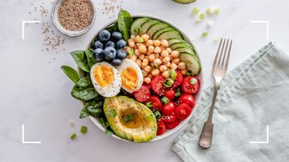 A bowl of healthy food including eggs and chickpeas, which are part of the 80/20 diet rule