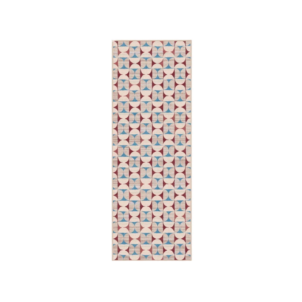 Red, blue and natural printed runner rug