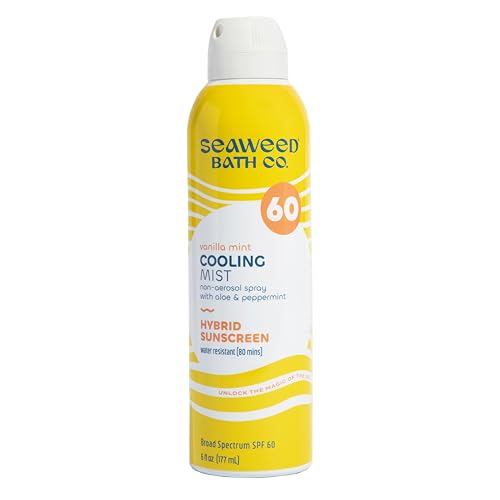 Seaweed Bath Co. Cooling Mist Spf 60 Sport Broad Spectrum Hybrid Sunscreen Spray, 6 Ounce, Sustainably Harvested Seaweed, Aloe, Peppermint