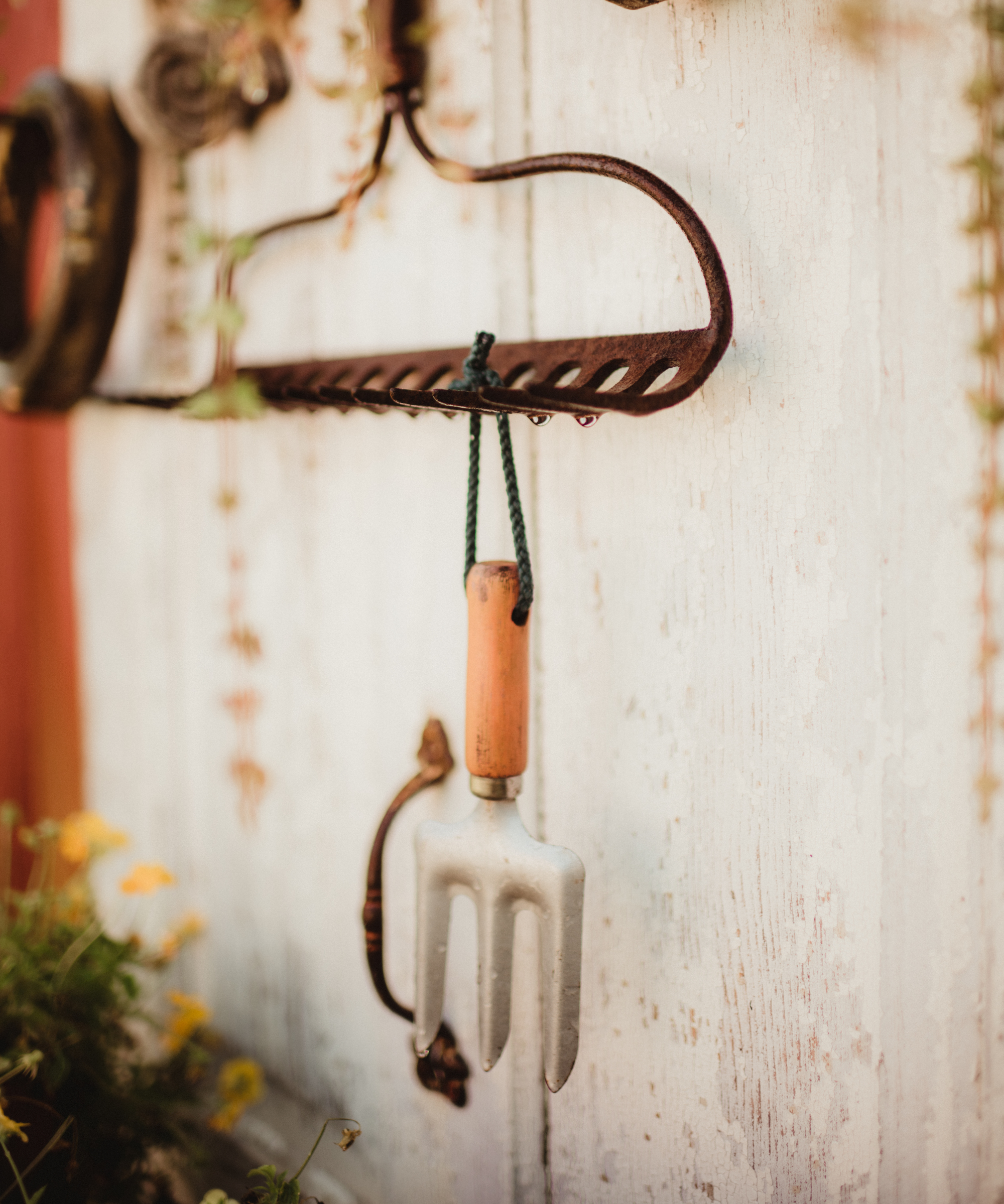 Close up of garden rake and tools by she-shed barn