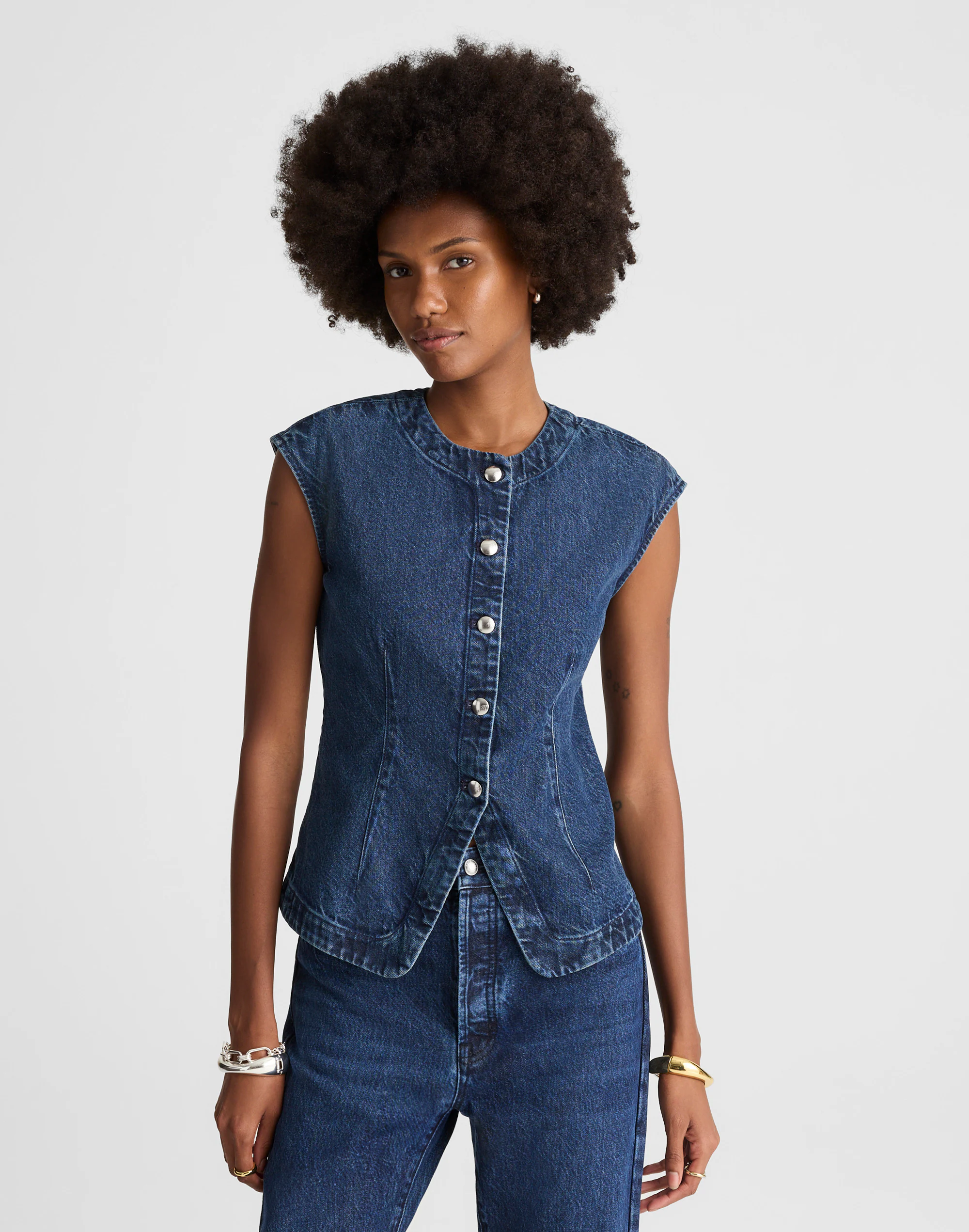Denim Cap-Sleeve Vest in Mckinney Wash