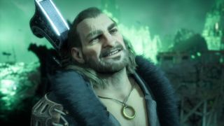 Varric grins in the middle of a battle