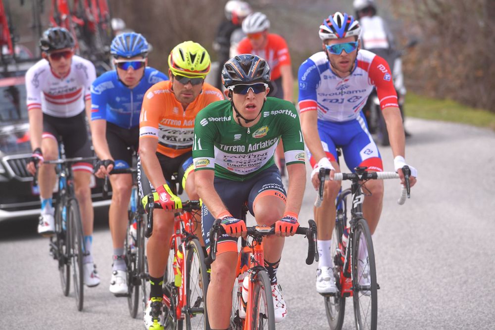 Nicola Bagioli in the green jersey at Tirreno-Adriatico