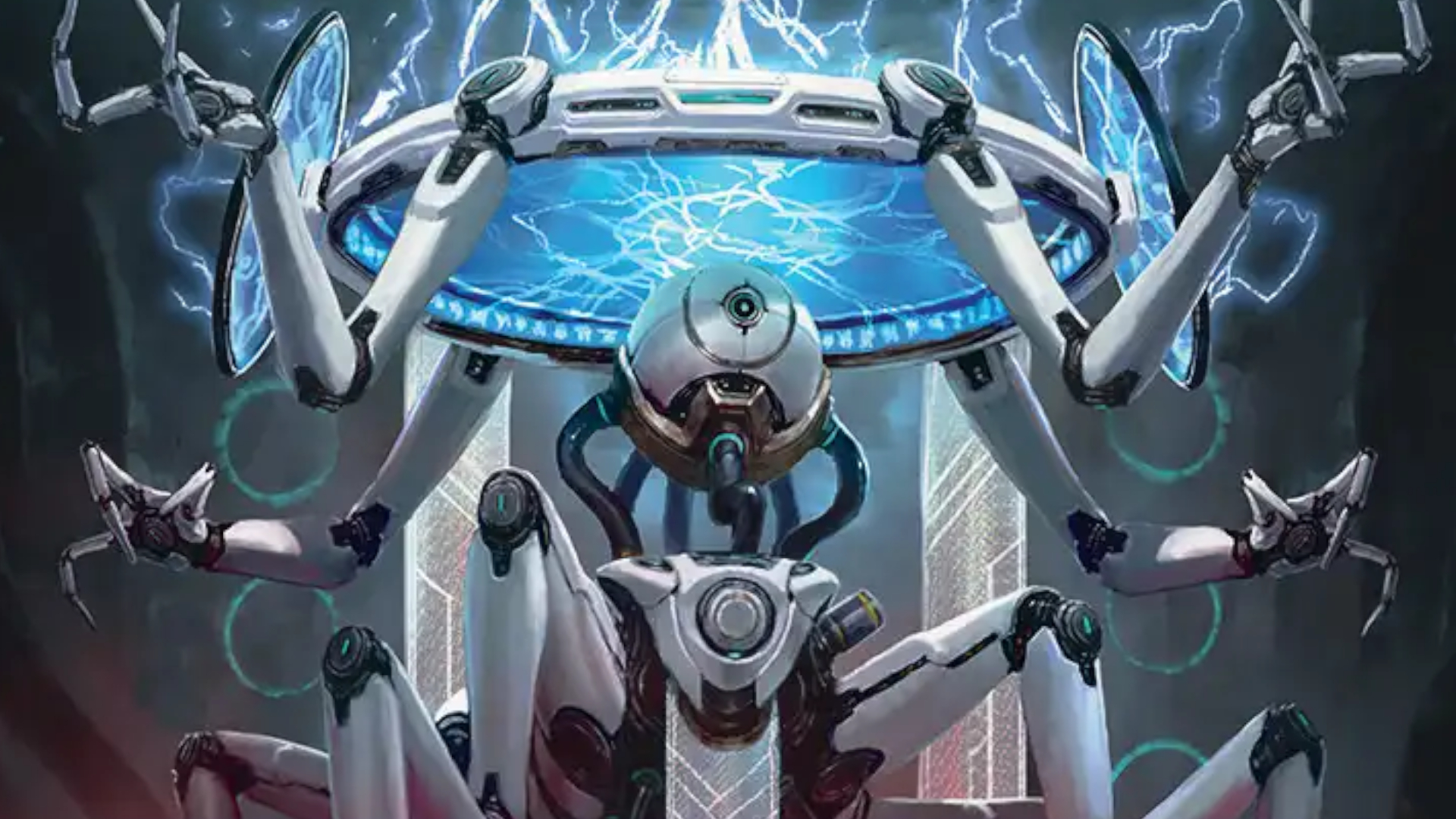 An electrified, white robot in artwork from MTG Edge of Eternities