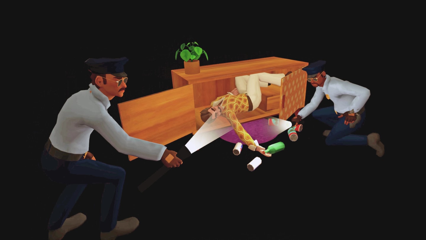 An official screenshot of Hide the Corpse for Meta Quest showing the cops finding Gus