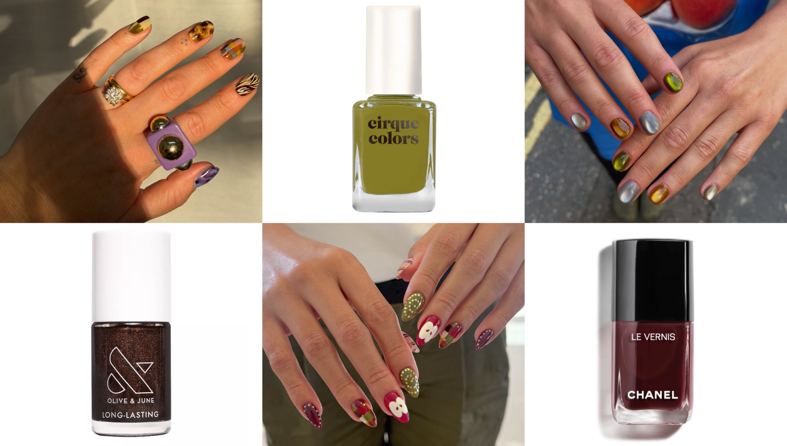 mismatched nail art with tortoiseshell zebra print plaid and green and gold details