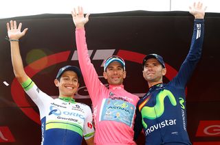 2016 Giro d'Italia podium: Estaban Chaves (Orica), Vincenzo Nibali (Astana), Alejandro Valverde (Movistar)