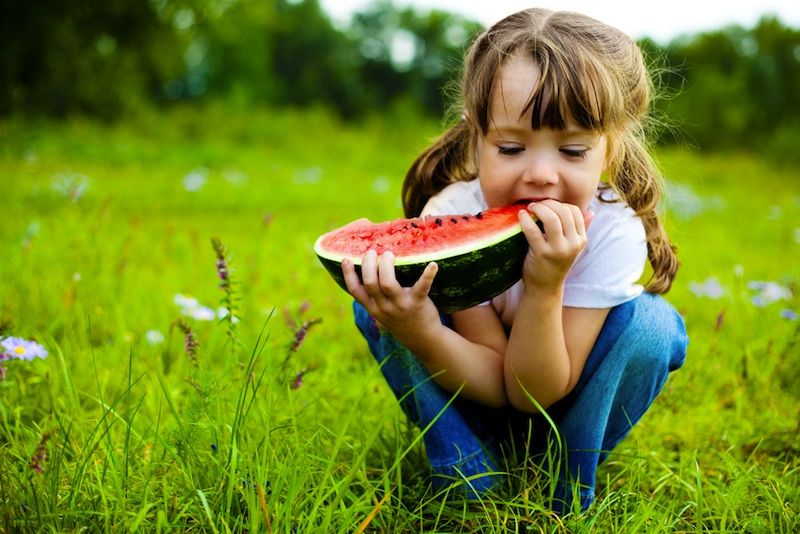 A little girl sits eating watermelon