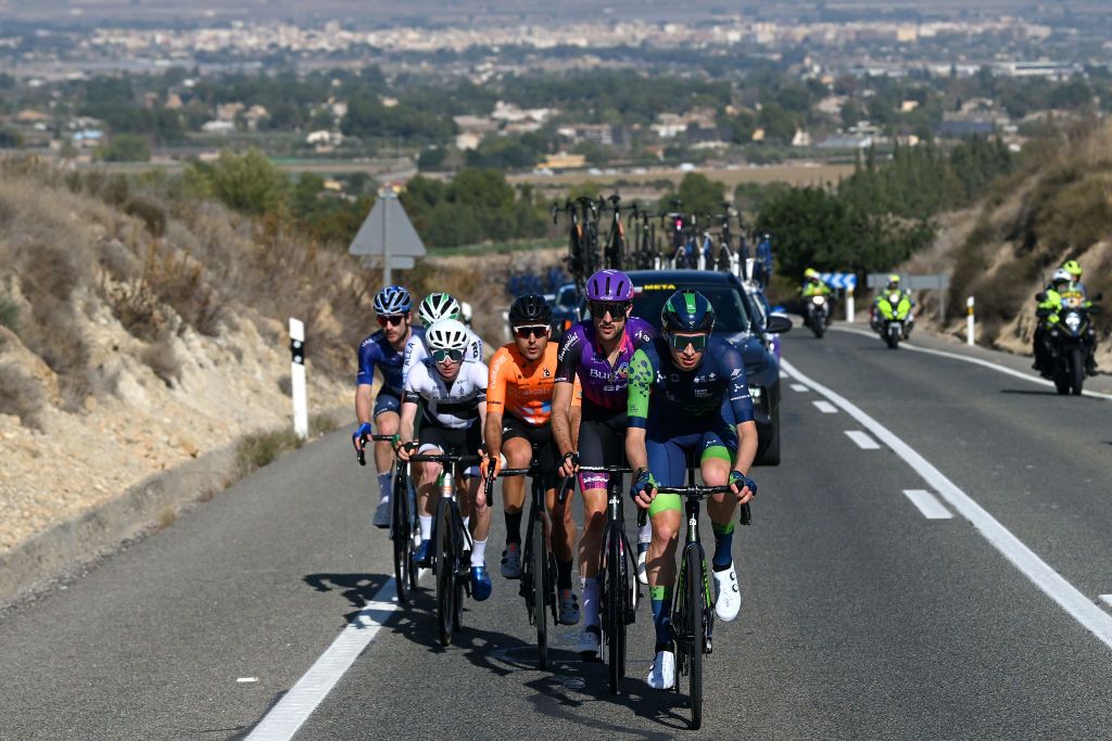 ORIHUELA SPAIN FEBRUARY 02 A general view of Asier Etxeberria of Spain and Team Euskaltel Euskadi Guillermo Thomas Silva of Uruguay and Team Caja RuralRGA Ander Okamika of Spain and Team BurgosBH Nathan Smith of Great Britain and Team Novo Nordisk Unai Esparza of Spain and Team Illes BalearsArabay and Laurent Gervais of Canada and Team Project Echelon compete in the breakaway during the 75th Volta a la Comunitat Valenciana 2024 Stage 3 a 1613km stage from San Vicente del Raspeig to Orihuela on February 02 2024 in Orihuela Spain Photo by Dario BelingheriGetty Images