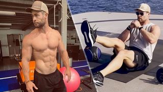 Bodyweight workout: Chris Hemsworth topless in the gym in left image. In right image, performing flutter kicks in the workout 