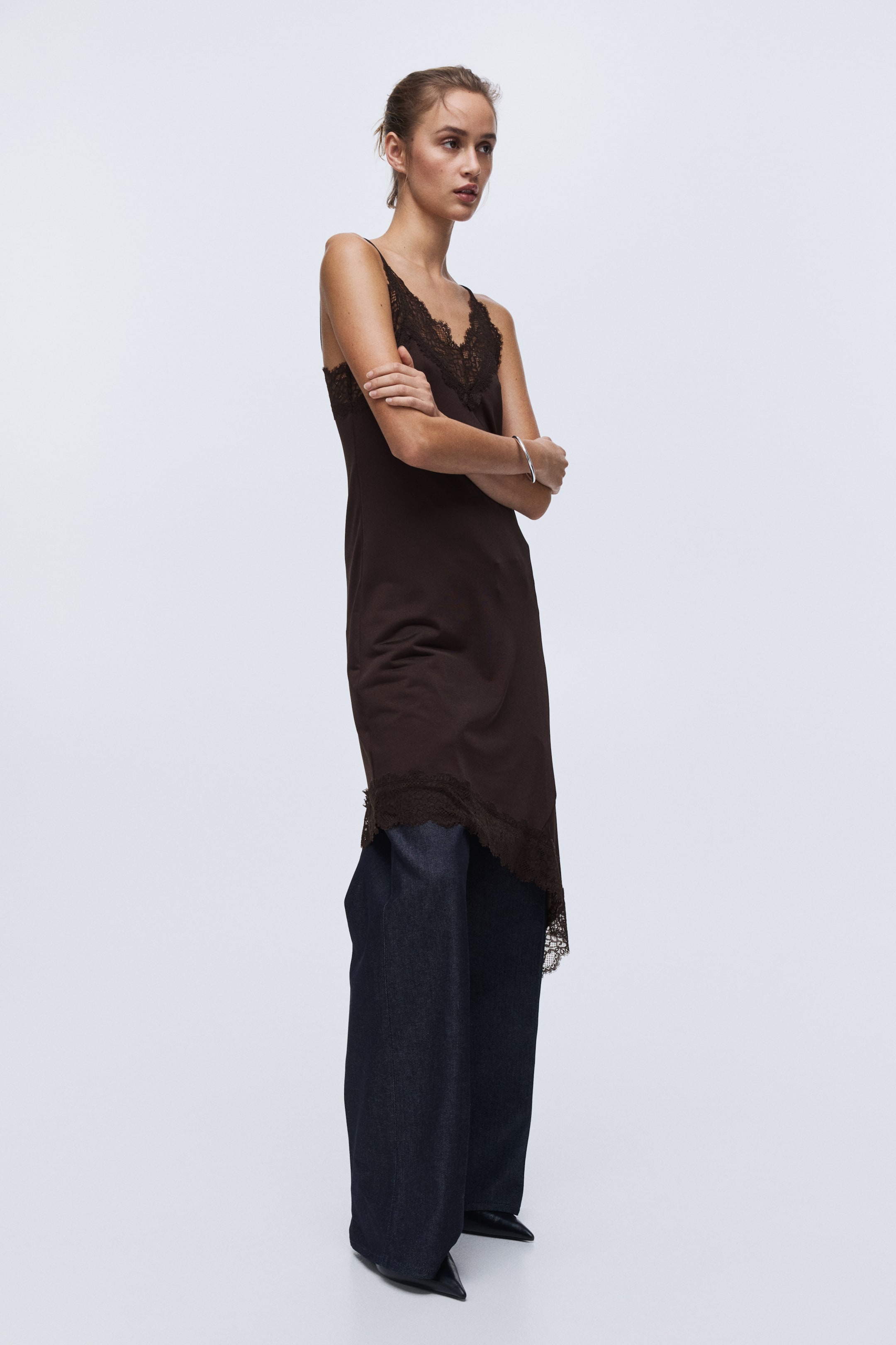 Lace-Trimmed Slip Dress - Dark Brown