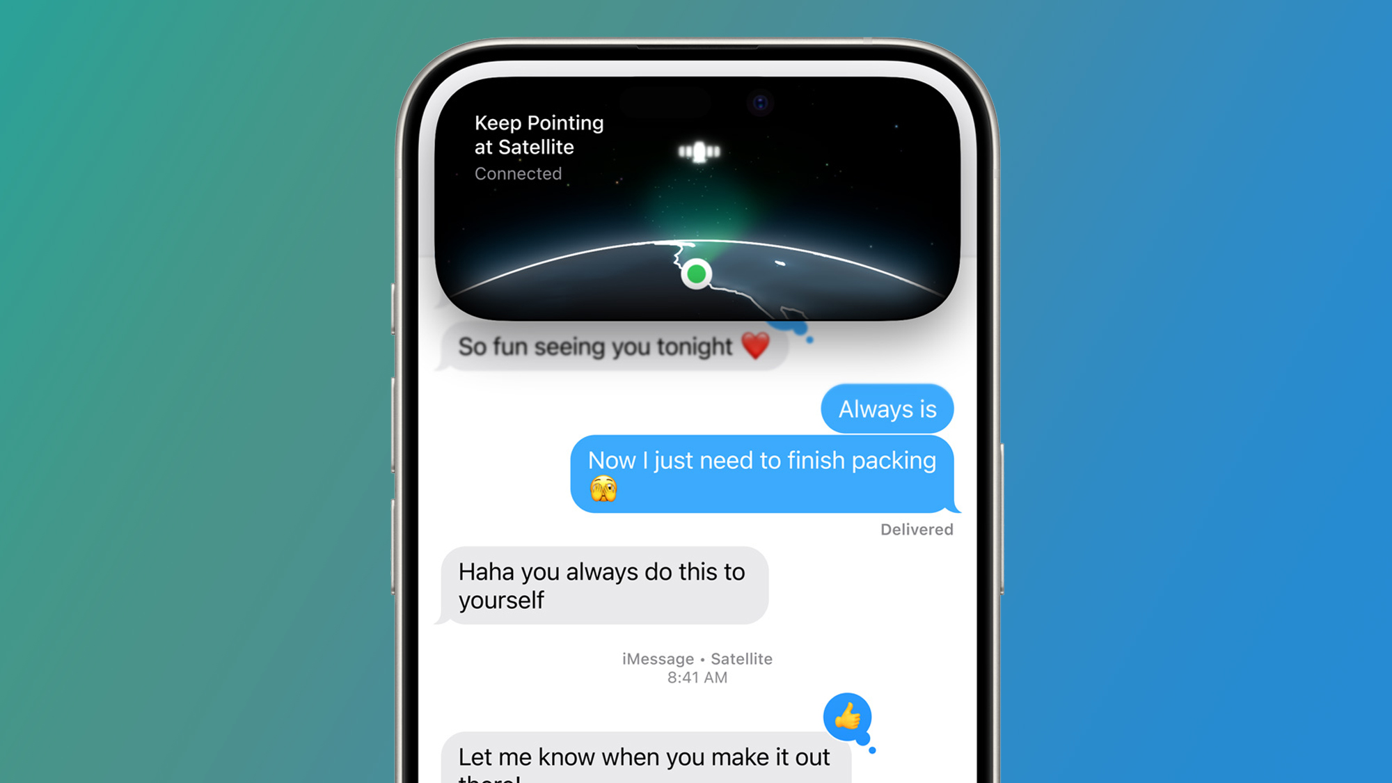 An iPhone on a blue green background showing satellite messaging in iOS 18