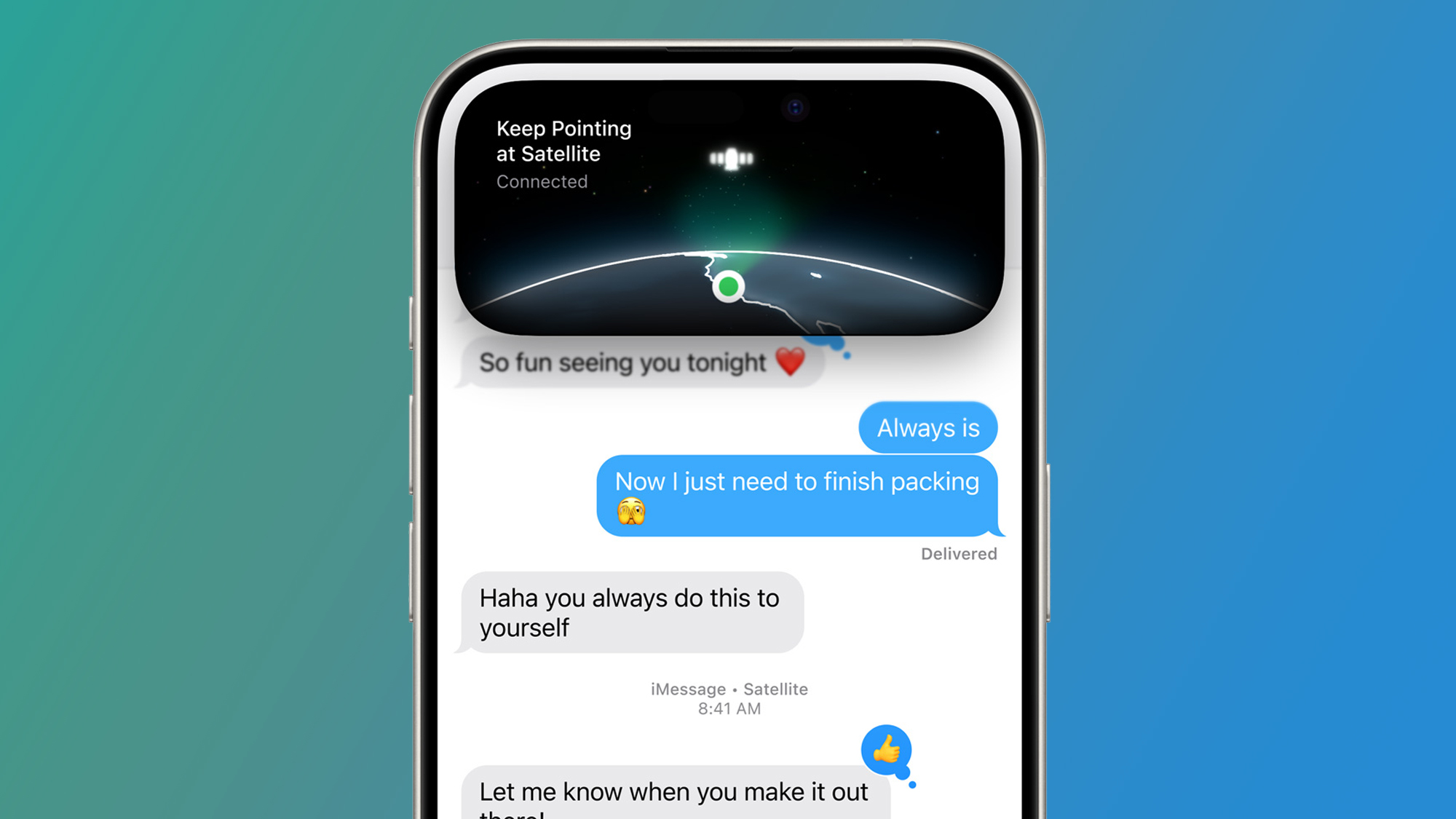 Un iPhone sur fond bleu vert affichant la messagerie satellite dans iOS 18