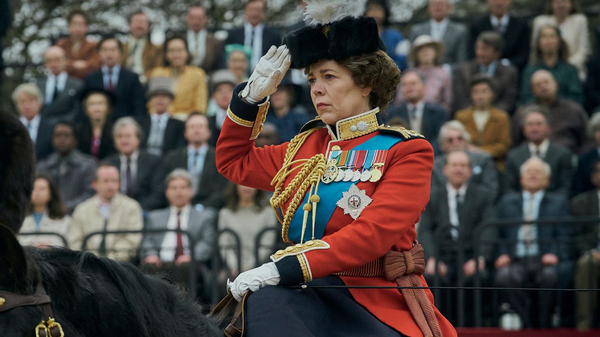 Olivia Colman in The Crown, as Queen Elizabeth II riding a horse