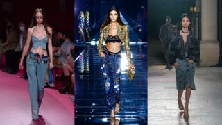 models on the catwalk wearing denim trends 2022 embellished denim