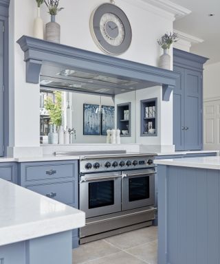 Blue painted kitchen cabinets set against white walls with a mirrored backsplash.