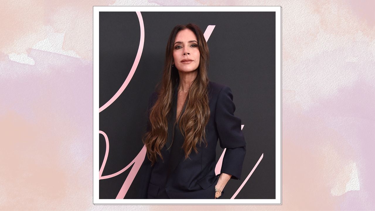  Victoria Beckham is pictured with long hair and hourglass layers whilst arriving for the Premiere of the movie &#039;Lola&#039; at the Bruin theatre, in Los Angeles, on February 3, 2024/ in a purple and pink watercolour paint-style template