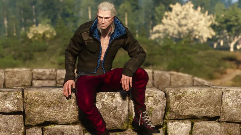 Geralt sitting on a wall wearing a Cyberpunk jacket modded by TheRealArdCarraigh