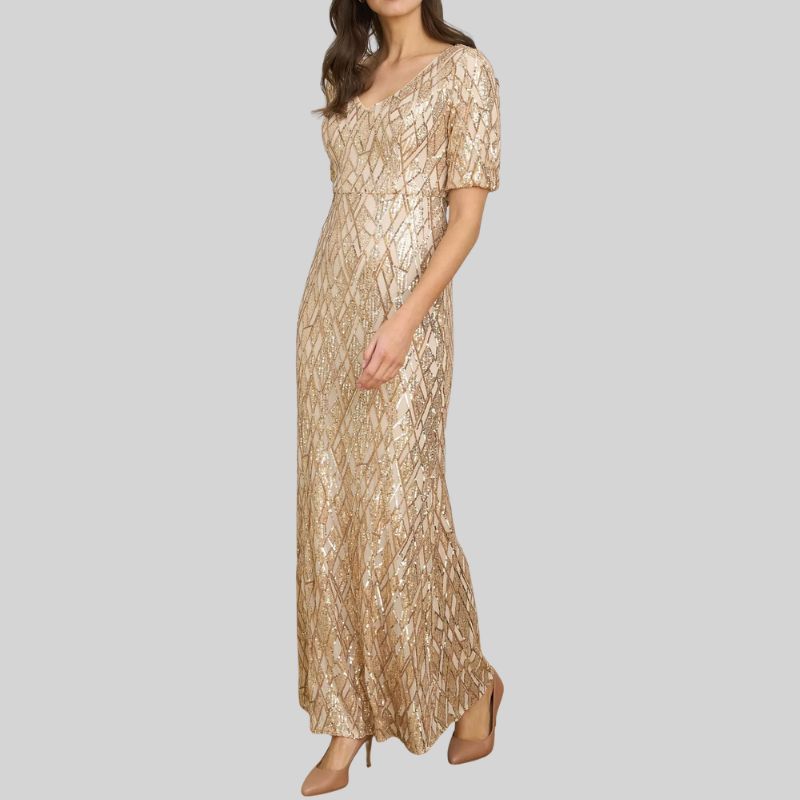 Gina Bacconi Pat Sequin Short Sleeve V Neck Maxi Dress