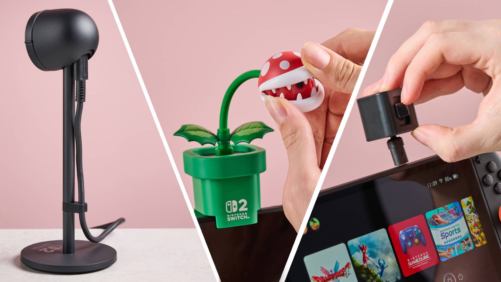 Nintendo Switch 2 camera, Hori Piranha Plant Camera, and Hori USB Camera all together