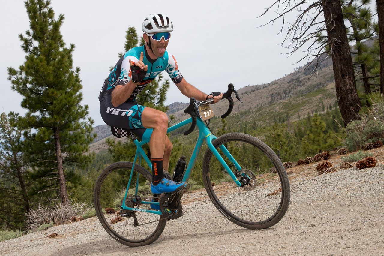 Geoff Kabush nears the top of today's big climb during the Sagan Fondo