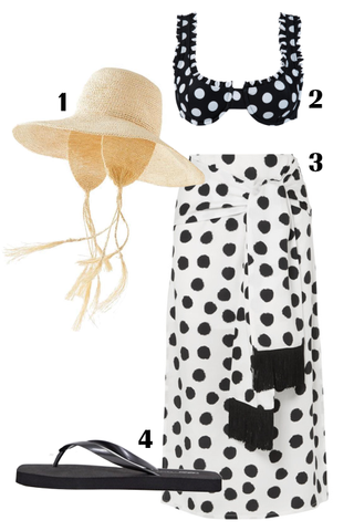 A polka dot bikini and skirt, along with accessories to create the polka dot beach look.