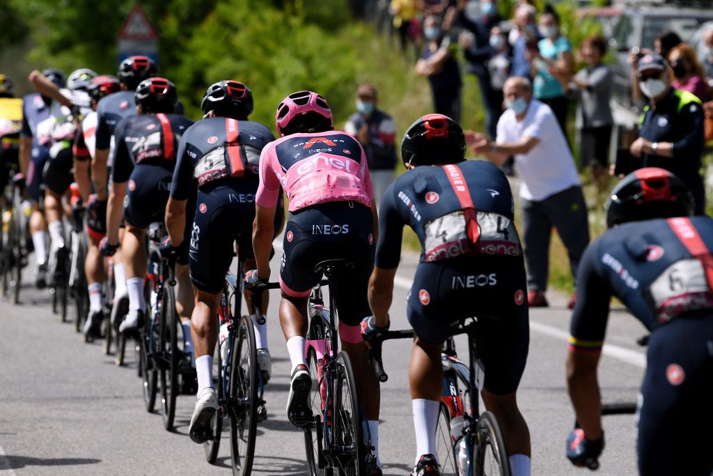 FOLIGNO ITALY MAY 17 Egan Arley Bernal Gomez of Colombia and Team INEOS Grenadiers Pink Leader Jersey during the 104th Giro dItalia 2021 Stage 10 a 139km stage from LAquila to Foligno Detail view girodiitalia Giro on May 17 2021 in Foligno Italy Photo by Tim de WaeleGetty Images