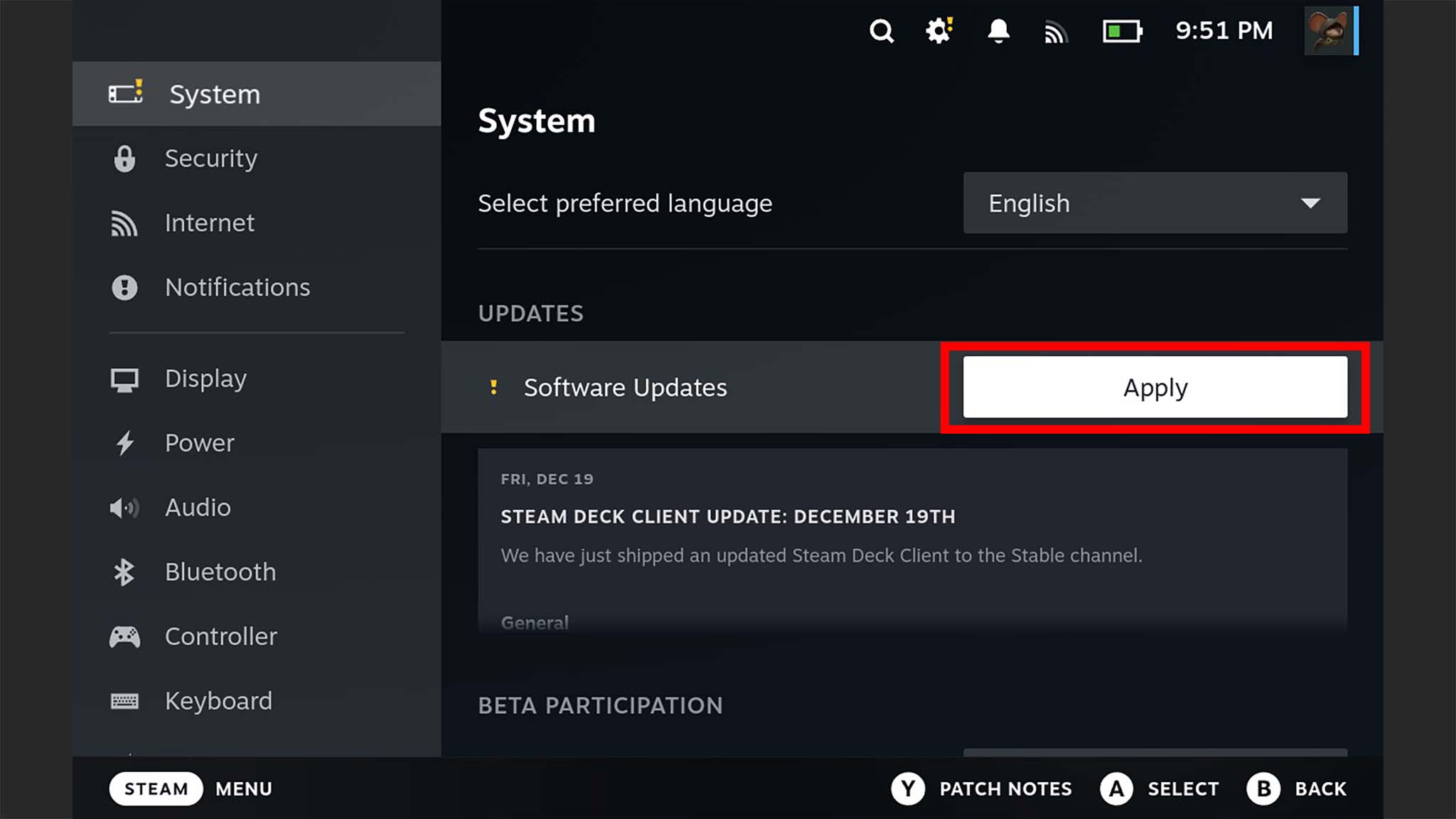 A screenshot from the Steam Deck's System tab showing the Apply button highlighted next to where it says, &amp;quot;Software Updates.&amp;quot;