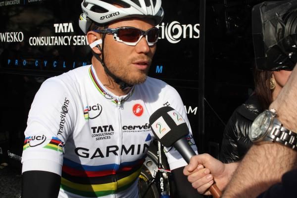 Thor Hushovd (Garmin-Cervelo) speaks to Norwegian television before the start.