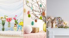 A composite image showing three different Easter mantel decor ideas showing flowers in bud vases, an egg tree and pastel egg wreath and candles