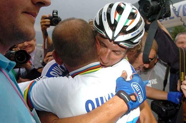 Paolo Bettini and Filippo Pozzato (Quick-Step) hug after a thrilling race