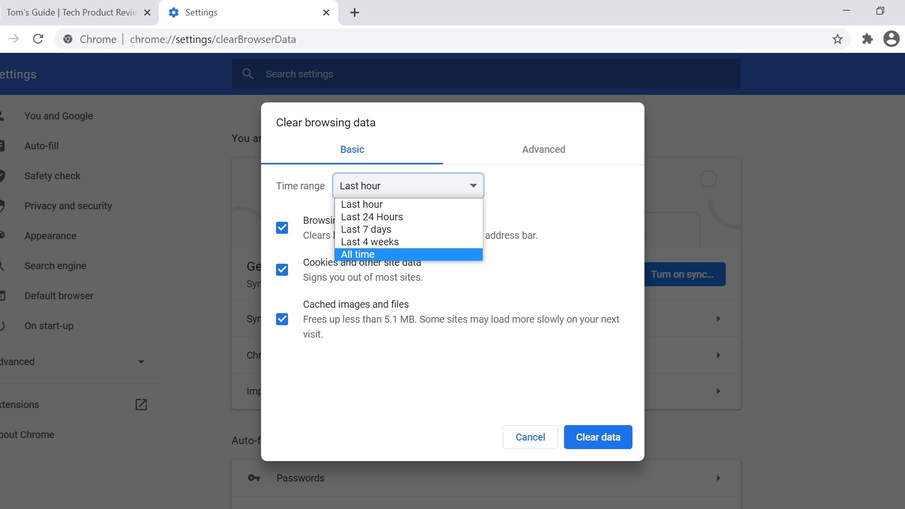 How to clear cache in Chrome: Select time range