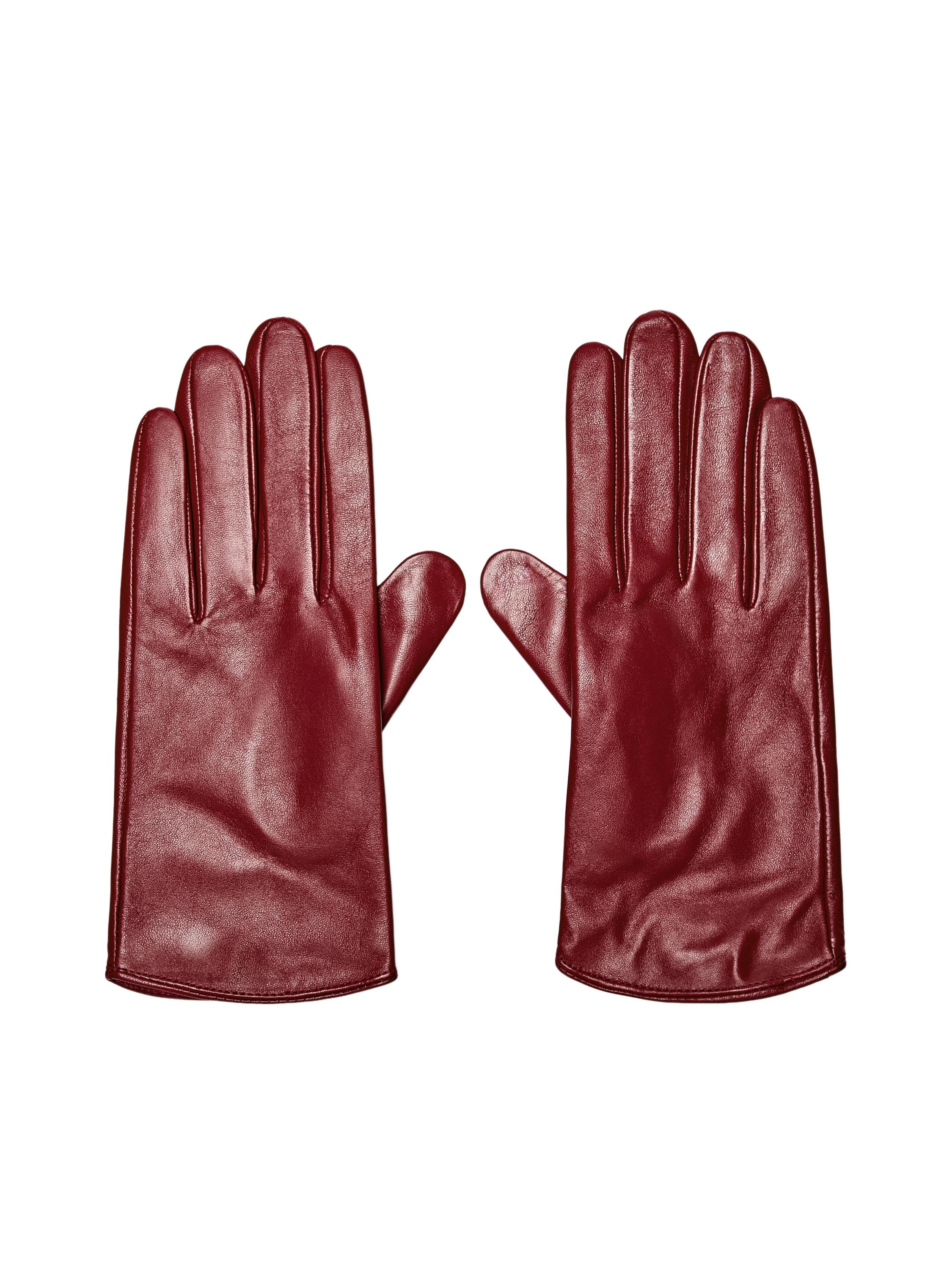Burgundy leather gloves.