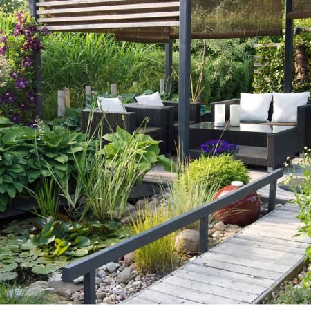 A modern furnished patio and pergola with a small pond, water lilys, hostas and Clematis