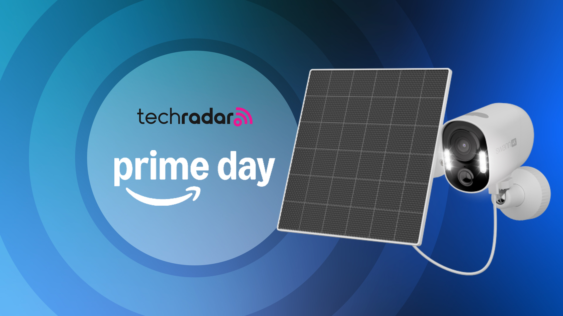 Swann security camera on blue background with text reading &#039;TechRadar Prime Day&#039;