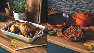 aldi cast iron cookware in green and orange