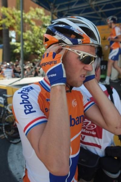 A Rabobank rider awaits the start in San Jose.