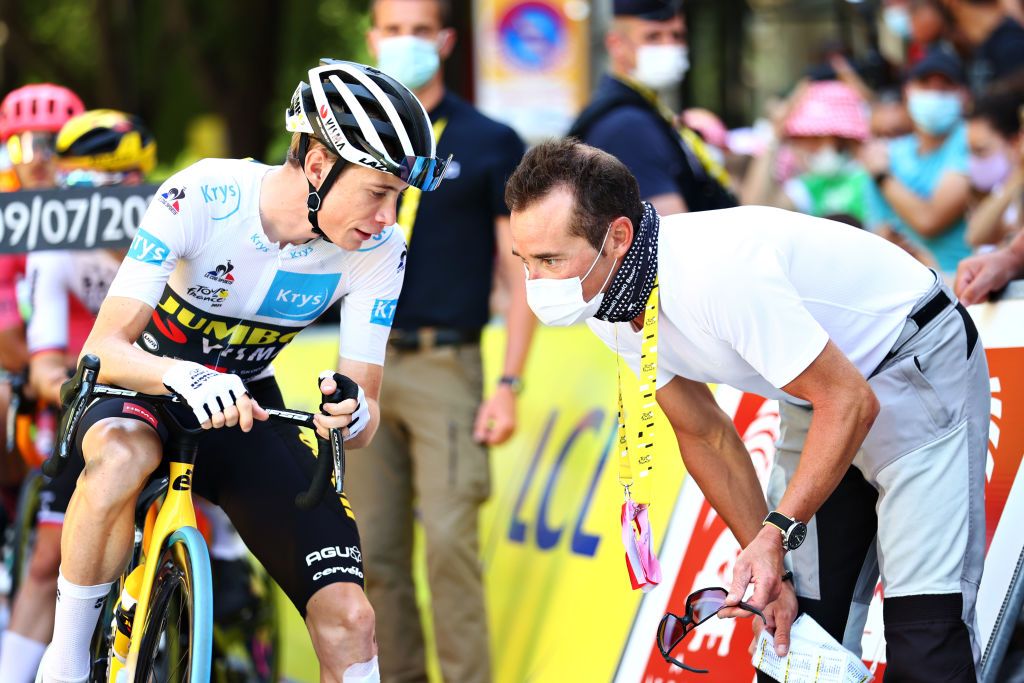 CARCASSONNE FRANCE JULY 09 Jonas Vingegaard of Denmark and Team JumboVisma White Best Young Rider Jersey Thomas Voeckler of France Ex ProCyclist and TV commentator during the 108th Tour de France 2021 Stage 13 a 2199km stage from Nmes to Carcassonne LeTour TDF2021 on July 09 2021 in Carcassonne France Photo by Michael SteeleGetty Images