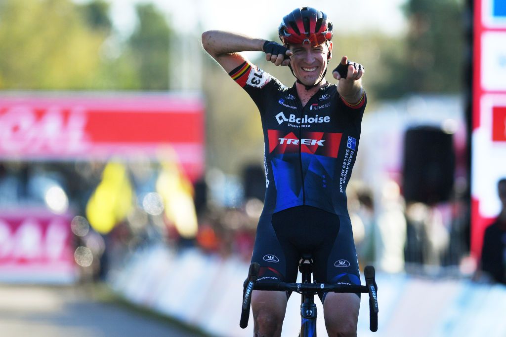 ZONHOVEN BELGIUM OCTOBER 24 Toon Aerts of Belgium and Team Baloise Trek Lions celebrates at finish line as race winner during the 25th Zonhoven UCI CycloCross Worldcup 2021 Mens Elite CXWorldCup UCIcyclocrossWC zonhoven on October 24 2021 in Zonhoven Belgium Photo by Luc ClaessenGetty Images