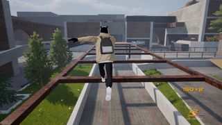 Image of character from Rooftops & Alleys freerunning across the widely-spaced steel bars of a series of archways over a path.