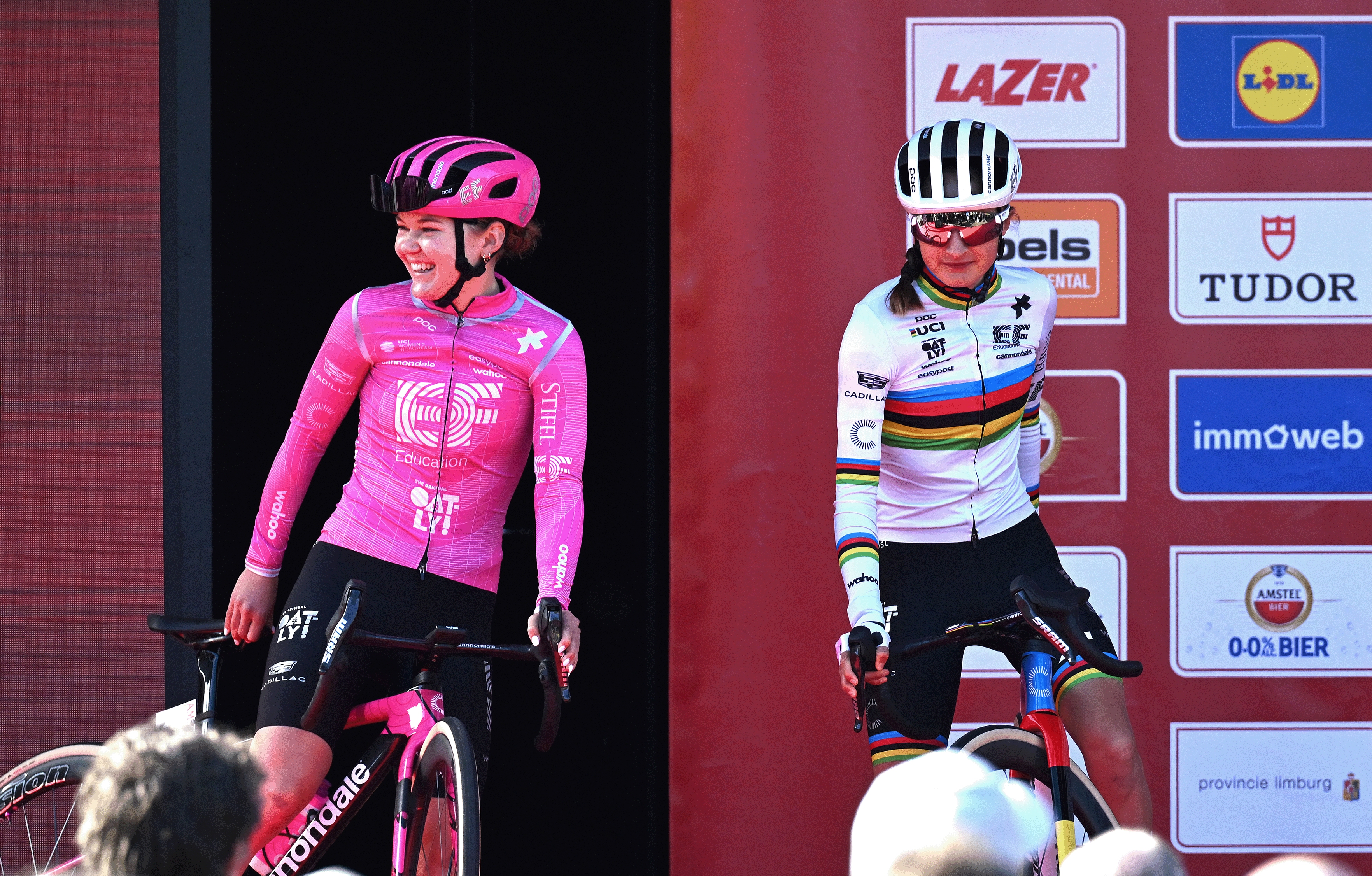 MAASTRICHT, NETHERLANDS - APRIL 19: (L-R) Noemi Ruegg of Switzerland, Magdeleine Vallieres of Canada and Mirre Knaven of Netherlands and Team EF Education-Oatly prior to the 12th Amstel Gold Race Ladies Edition 2026 - Women's Elite a 158.1km one day race from Maastricht to Valkenburg / #UCIWWT / on April 19, 2026 in Maastricht, Netherlands. (Photo by Luc Claessen/Getty Images)
