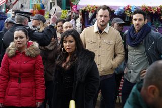 Whitney Dean, Kat Moon, Martin Fowler and Kush Kazemi are in shock in EastEnders