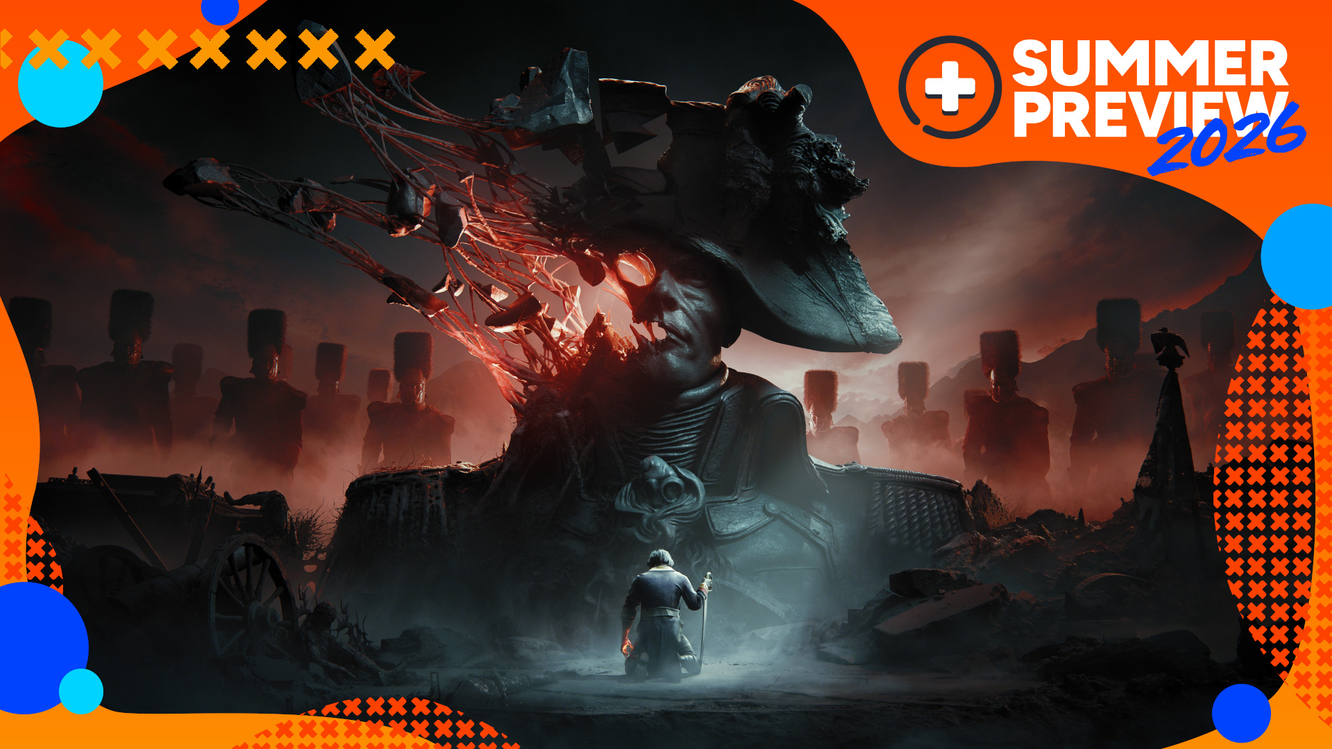 Key art for Valor Mortis shows a man kneeling before a large bust of Napoleon, with the orange GamesRadar+ Summer Preview 2026 frame
