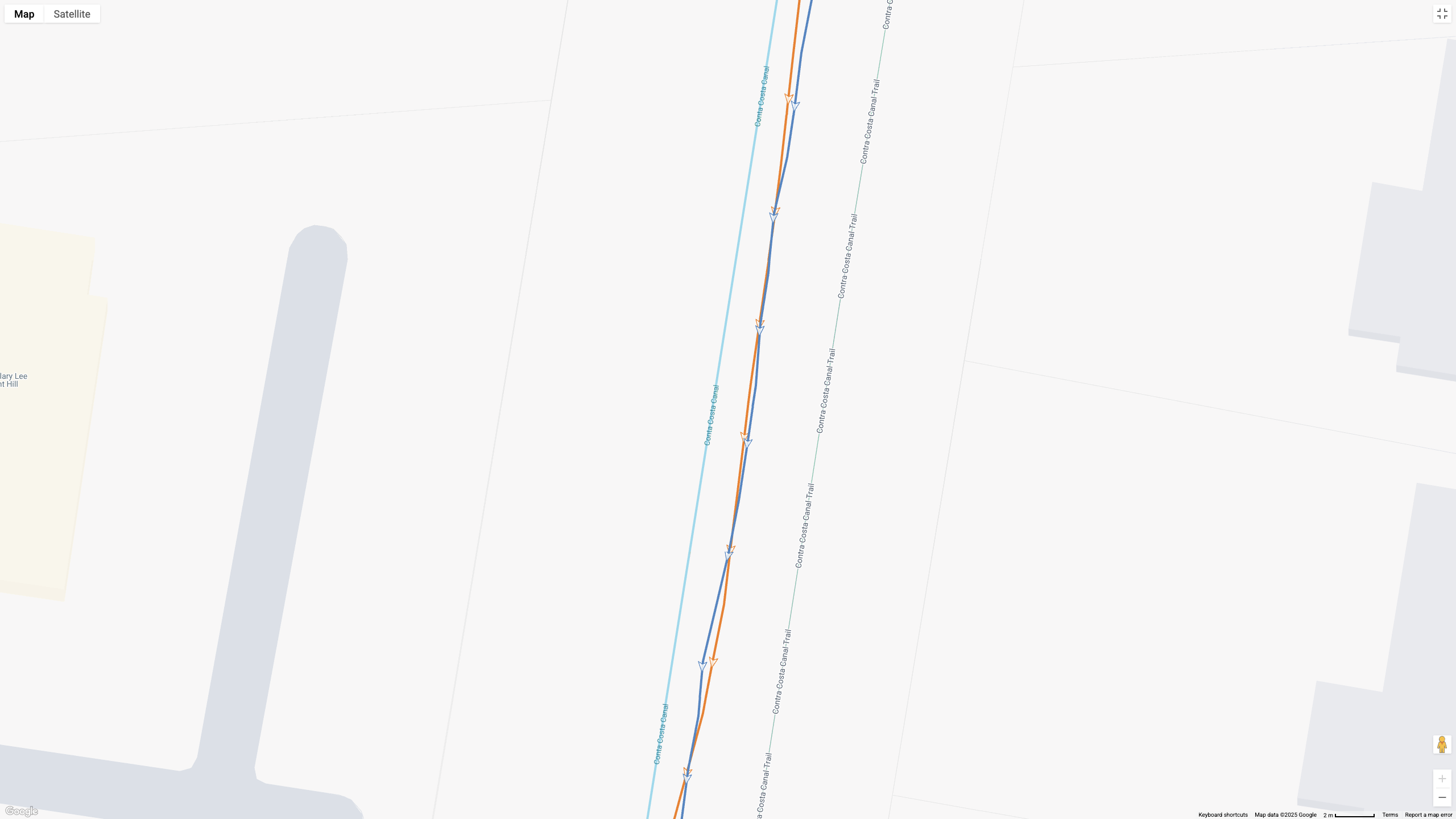 A Google Maps map view showing GPS location data for a workout, with the COROS APEX 4 (orange line) and Garmin Forerunner 970 (blue line) showing how their dual-band GPS tracking compares.