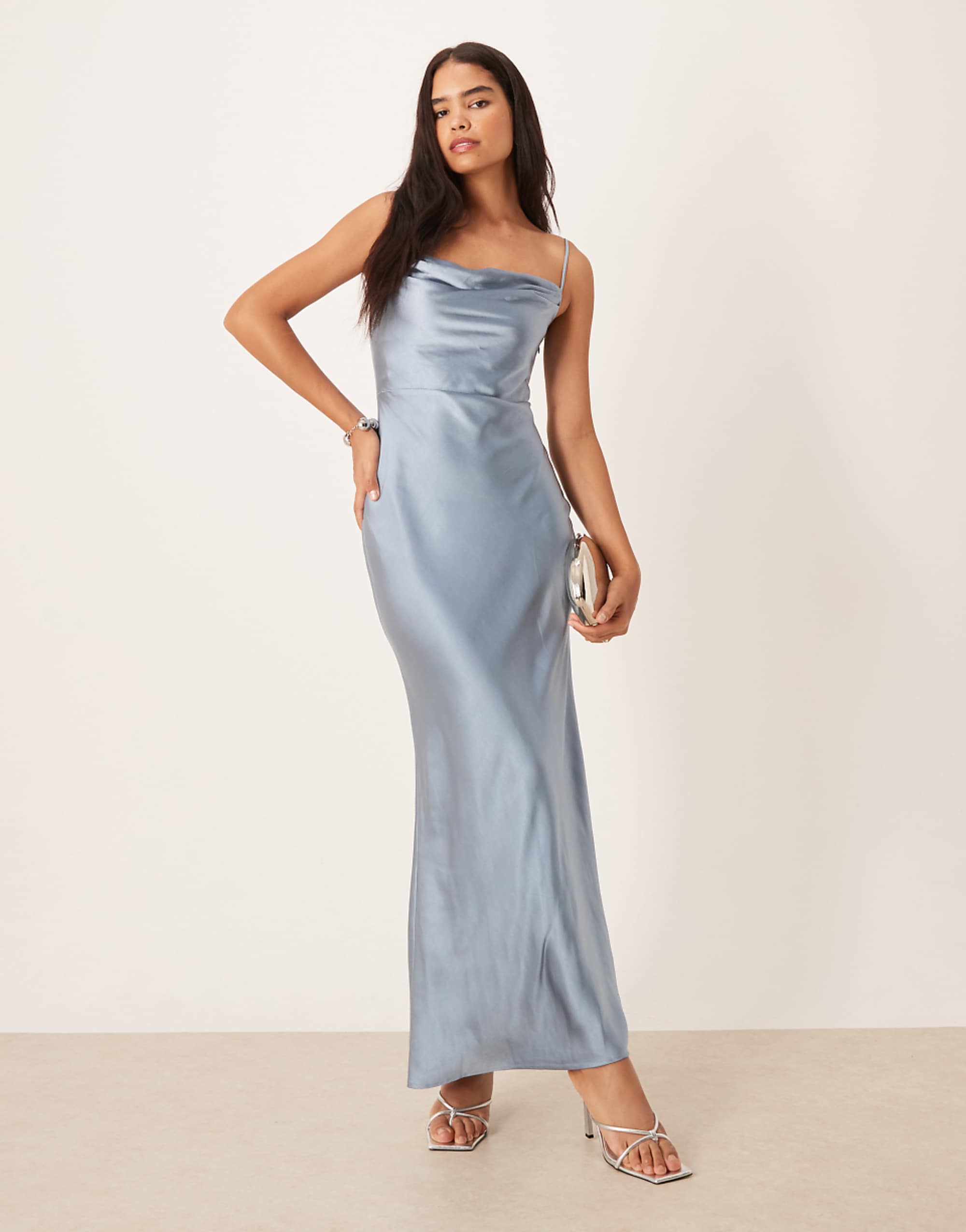 Pretty Lavish Bridesmaid Keisha Satin Cowl Neck Maxi Dress in Light Blue
