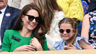 Catherine, Princess of Wales and Princess Charlotte of Wales watch Carlos Alcaraz vs Novak Djokovic in the Wimbledon 2023 men's final on Centre Court during day fourteen of the Wimbledon Tennis Championships at All England Lawn Tennis and Croquet Club on July 16, 2023 in London, England