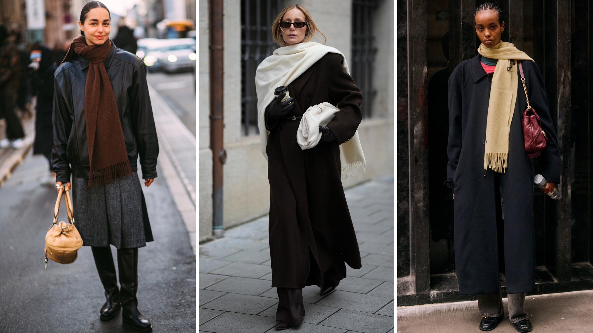 Fashion week attendee wears oversize cashmere scarf
