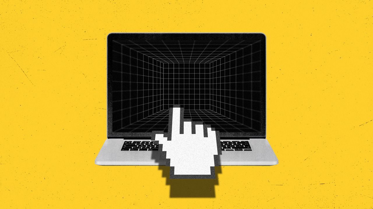 Laptop computer with dark line grid and a polygon hand hovering over the keyboard