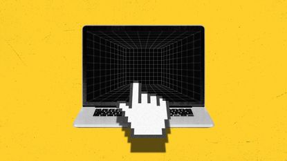 Laptop computer with dark line grid and a polygon hand hovering over the keyboard